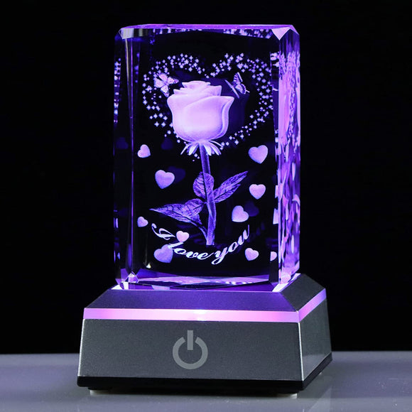 LED Crystal Rose Flower Engraved I Love You